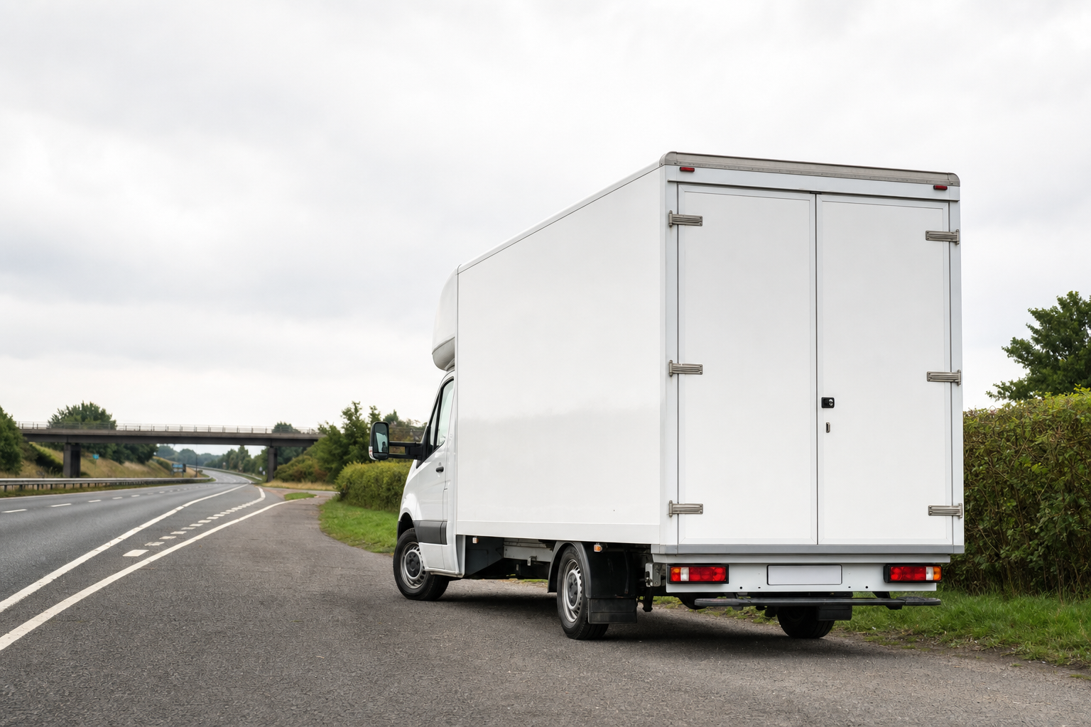 A large white delivery van parked on the side of a rural road with a bridge in the distance.