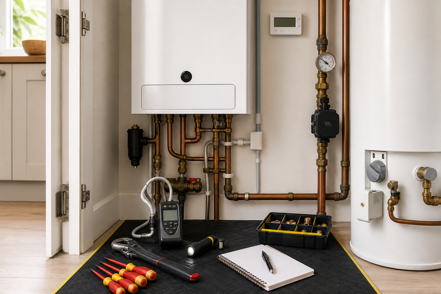Boiler maintenance setup with tools, digital gauge, and notebook in a utility room.