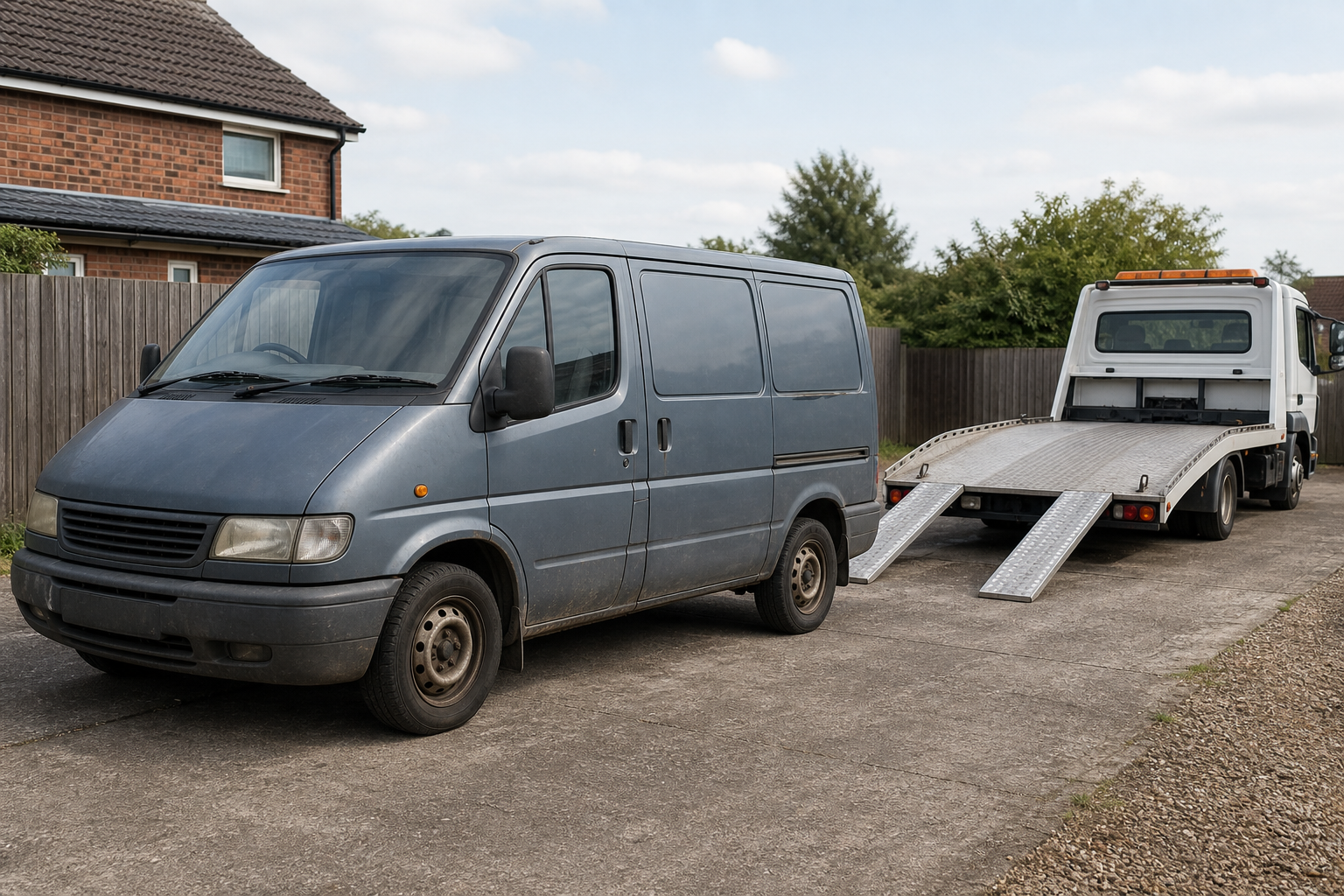 A gray van parked next to a tow truck with its ramp extended in a residential area.