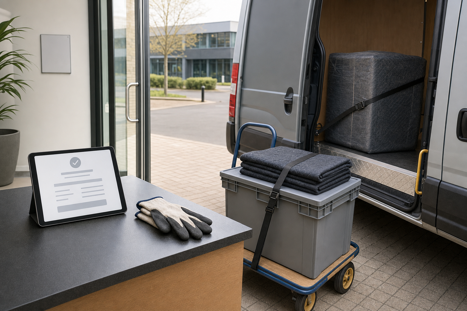 A tablet with a checklist, work gloves, and a loaded hand truck next to an open delivery van door.