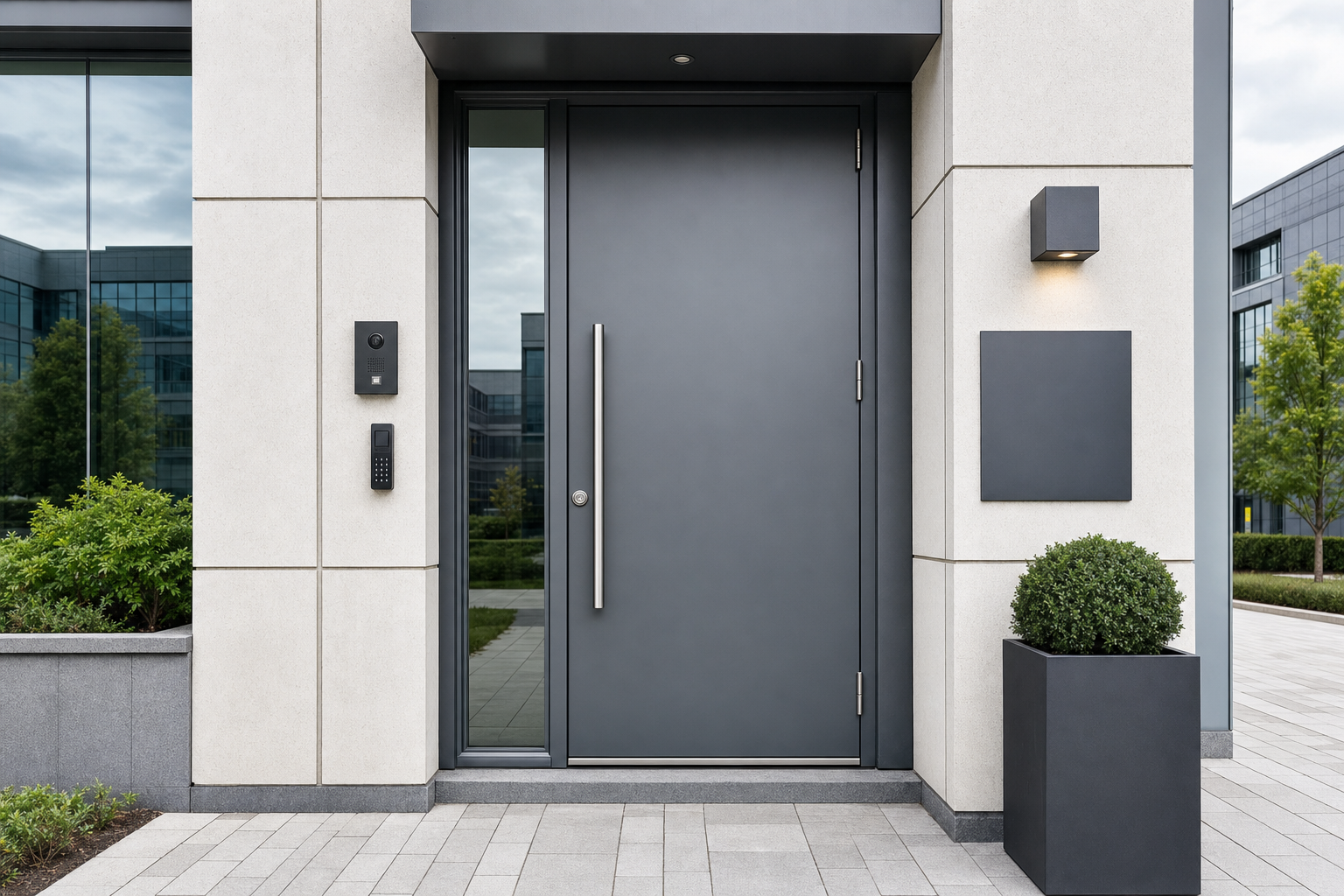 Modern front door with sleek handles, an intercom system, and a potted shrub on a tiled pathway outside an office building.