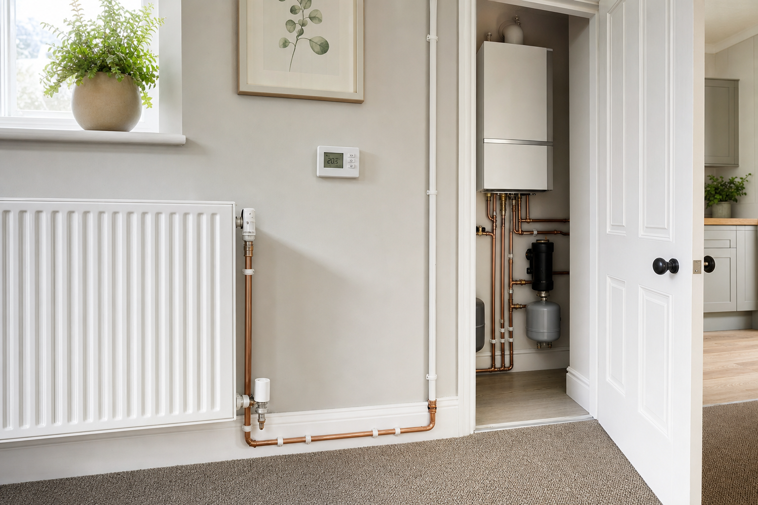 A modern heating system with exposed copper pipes is integrated into a clean, beige interior with a radiator and thermostat.