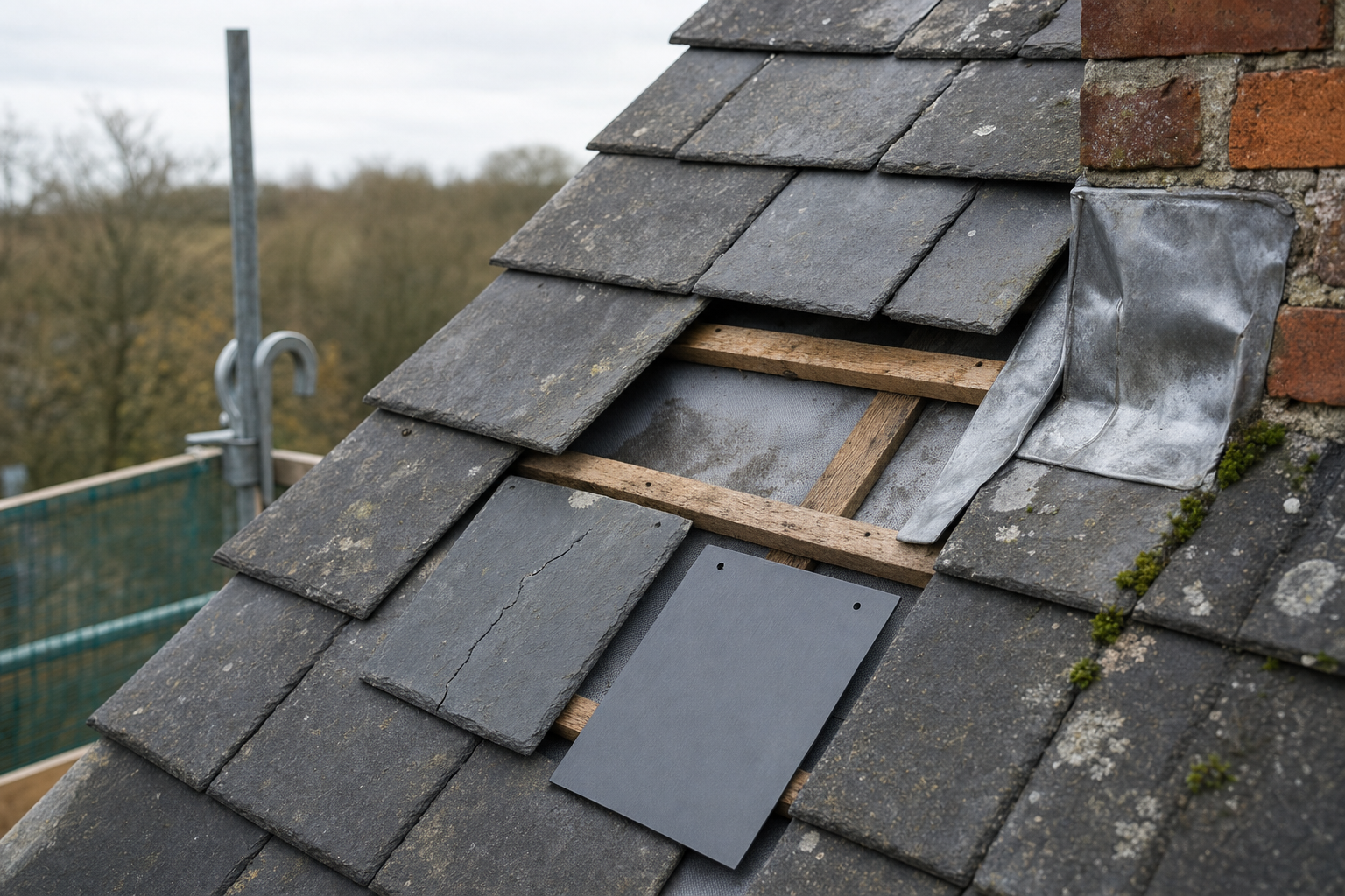 A roof with missing slate tiles next to a chimney under repair scaffolding.