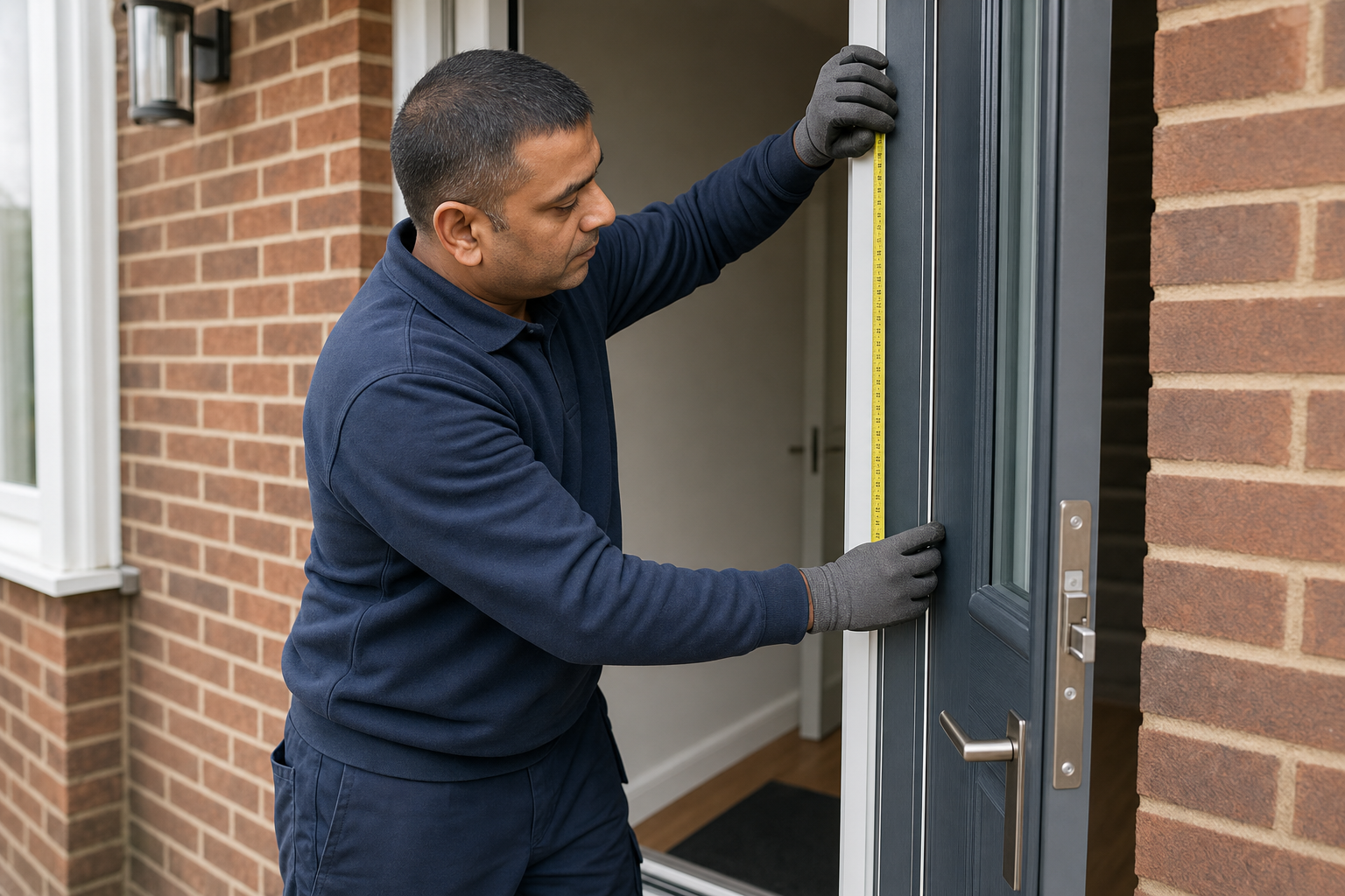 Man measuring the doorway of a brick house with a yellow tape measure.