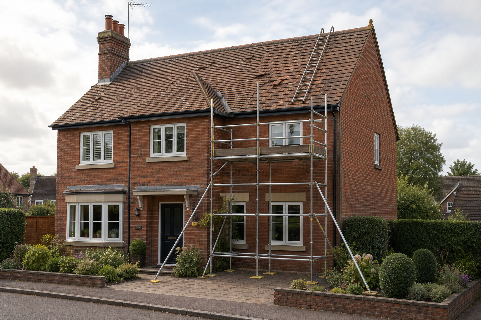 A red brick house with scaffolding on the front for roof repairs under a cloudy sky.