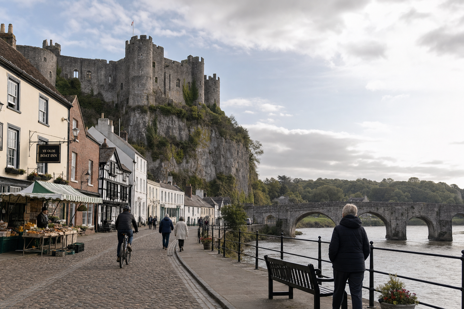 People stroll along a riverside street beneath a large stone castle atop a cliff, with a stone bridge in the background.