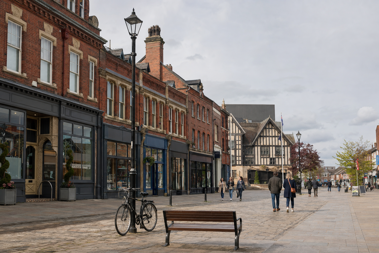A quiet cobblestone street in a British town with historic buildings and pedestrians.