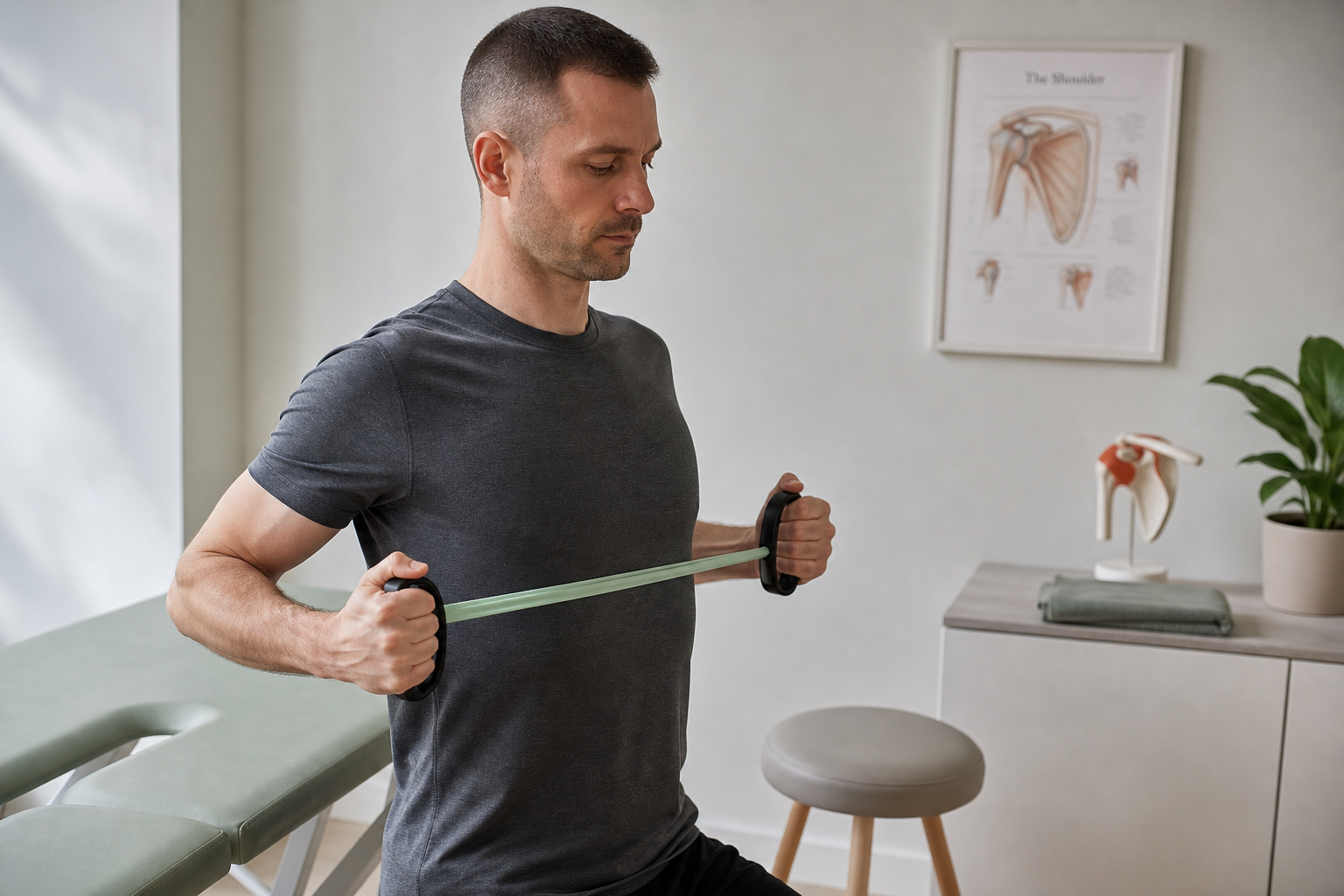 Man exercising with a resistance band in a physiotherapy room with anatomical shoulder chart on the wall.