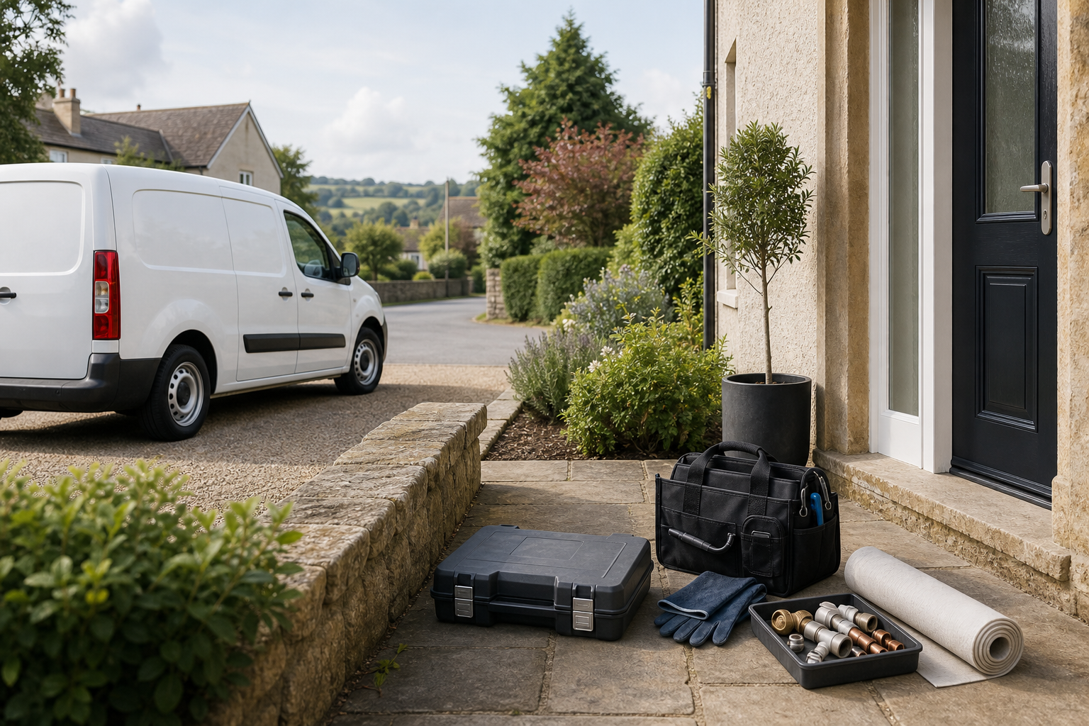 Tools and supplies are laid out on a stone patio by a house, with a white van parked nearby.