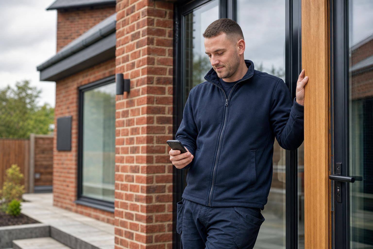 Man in casual wear leans against a doorway, looking at his phone, with a brick house in the background.