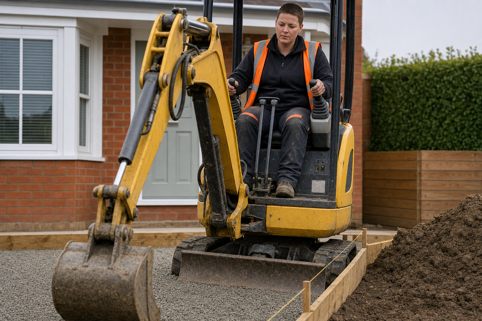 Operator manoeuvring a small excavator on a residential construction site next to a brick house.