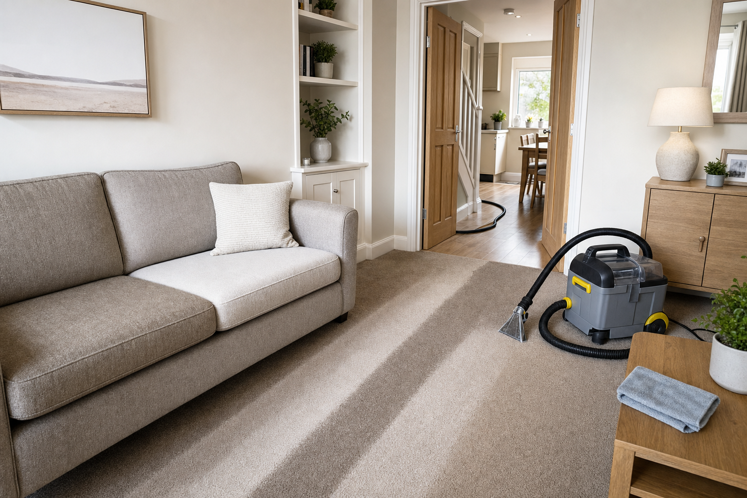 A stylish living room with a grey sofa, carpet cleaner, and view of the kitchen.