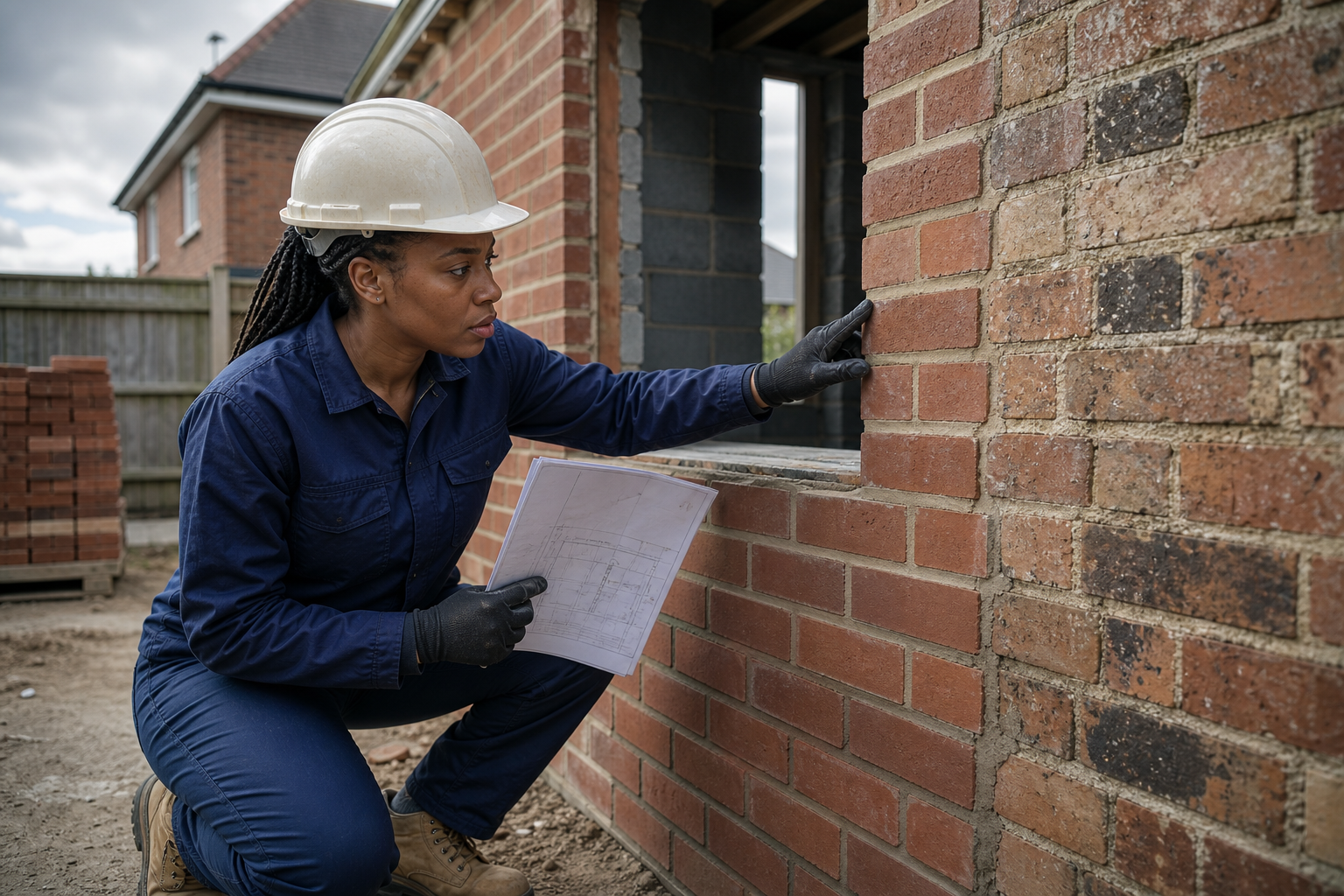 A construction worker in a hard hat examines brickwork while holding a set of building plans.