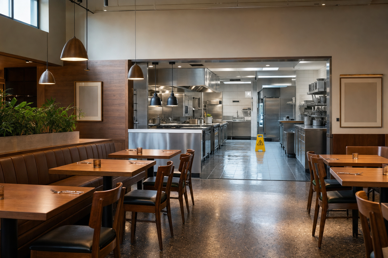 Modern restaurant interior with wooden tables and chairs, leading to an open, stainless steel kitchen.
