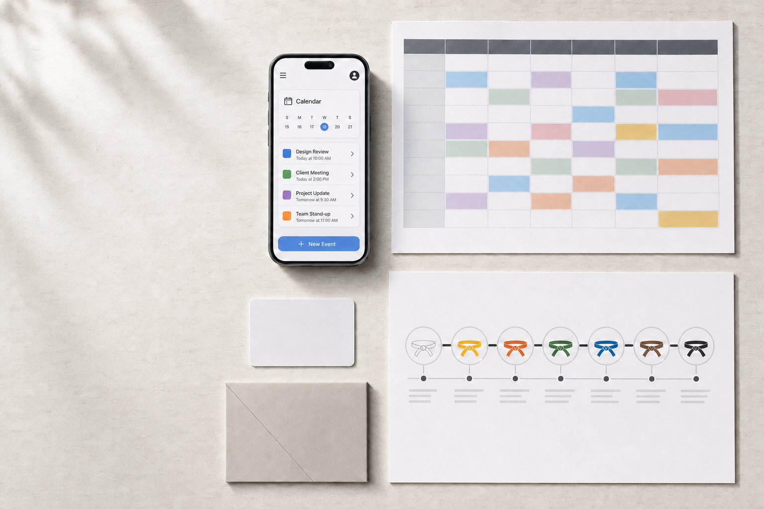 Smartphone displaying a calendar app next to a colourful spreadsheet and business documents on a beige surface.