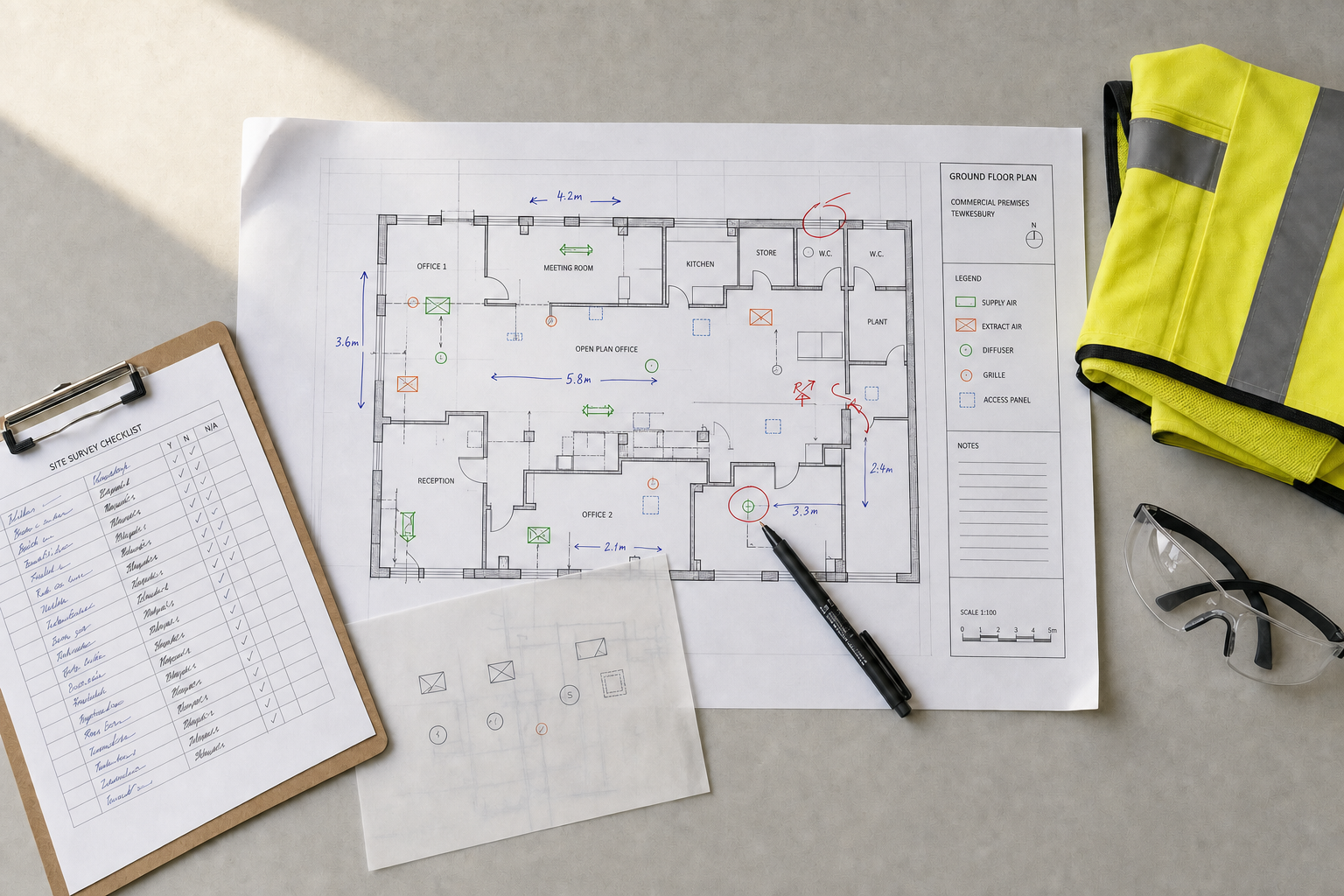 Architectural floor plan with a site survey checklist, high-visibility vest, safety glasses, and pen on a desk.