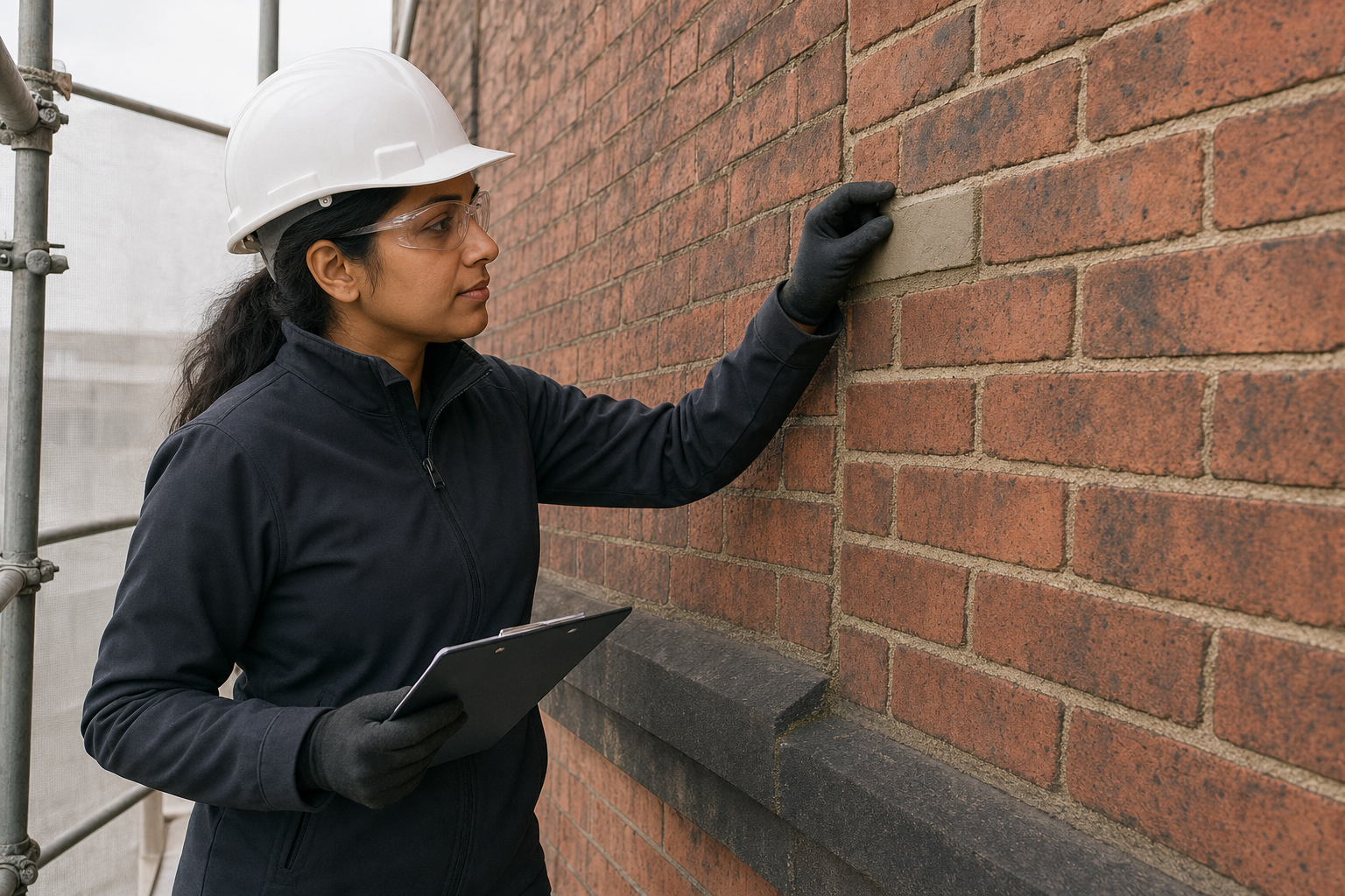 A woman in a hard hat inspects a brick wall while holding a clipboard on a construction site.