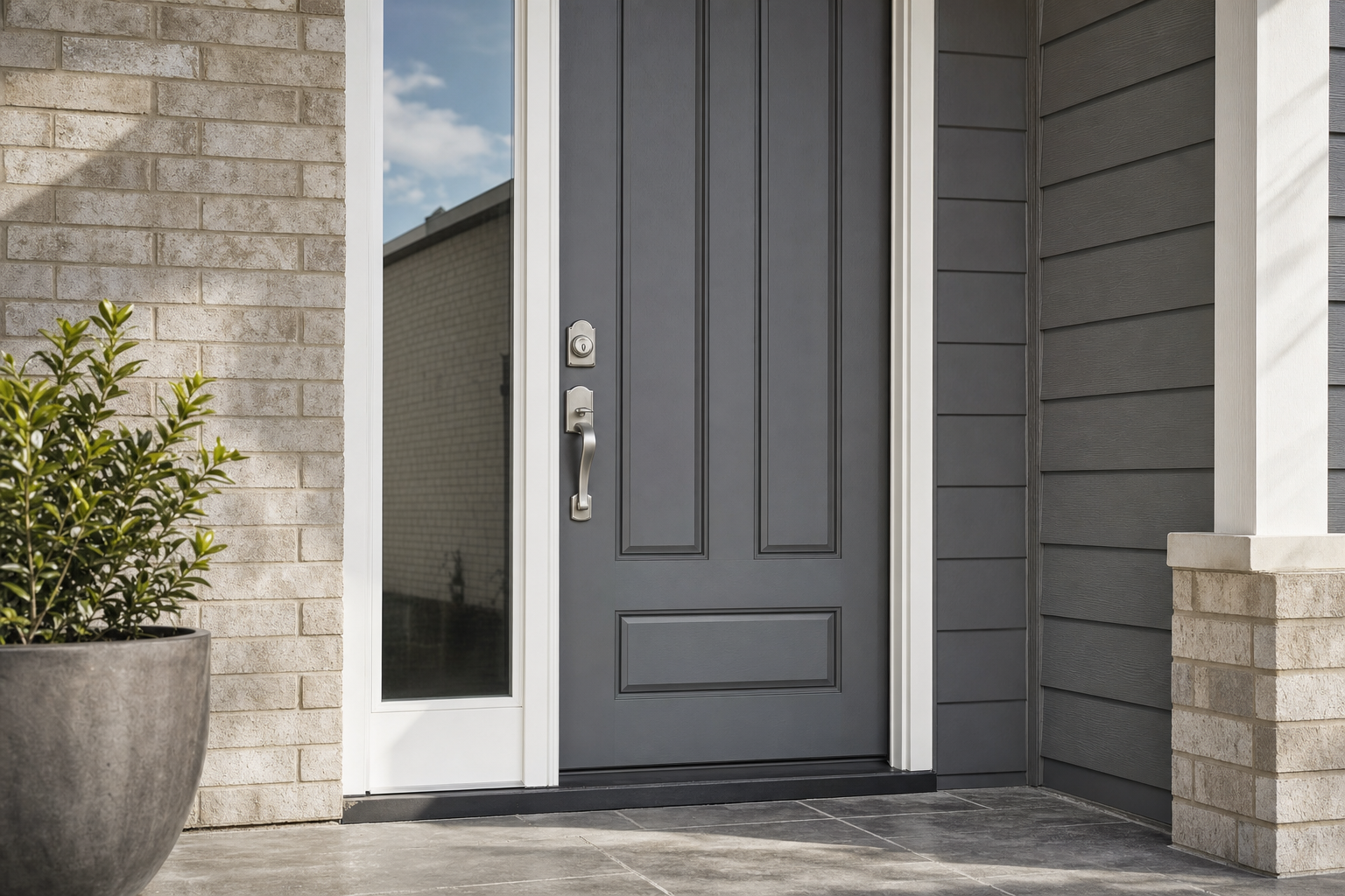 A modern grey front door with a glass sidelights next to a brick wall and a large outdoor plant.