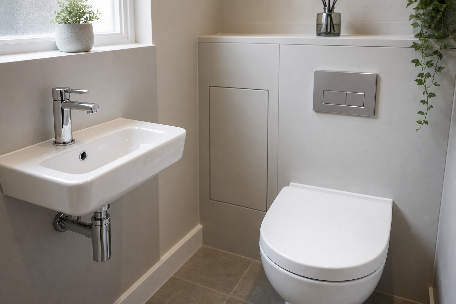 Modern bathroom with a wall-mounted sink and toilet, chrome fixtures, and decorative plants on a light-coloured background.