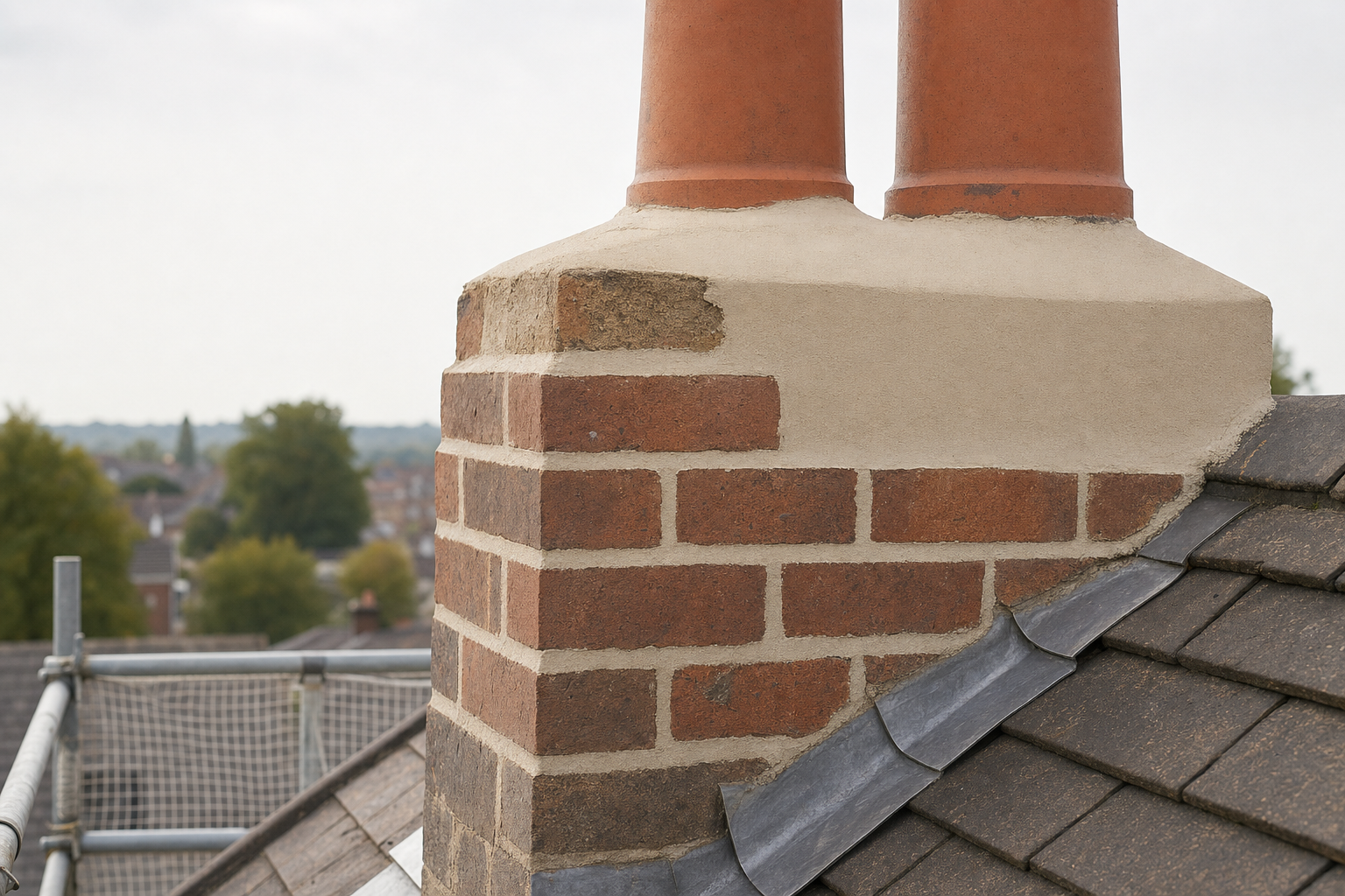 A red brick chimney with twin terracotta pots on a rooftop, surrounded by scaffolding and overlooking a distant landscape.