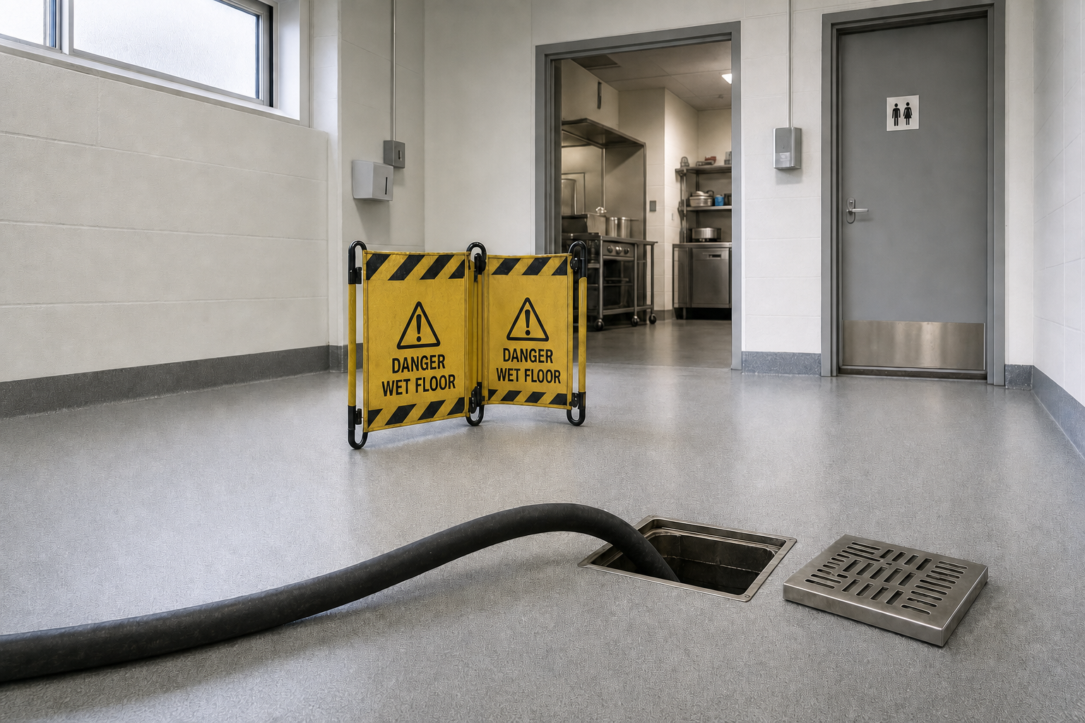 Caution signs and a hose connected to a floor drain mark a wet area outside a commercial kitchen.