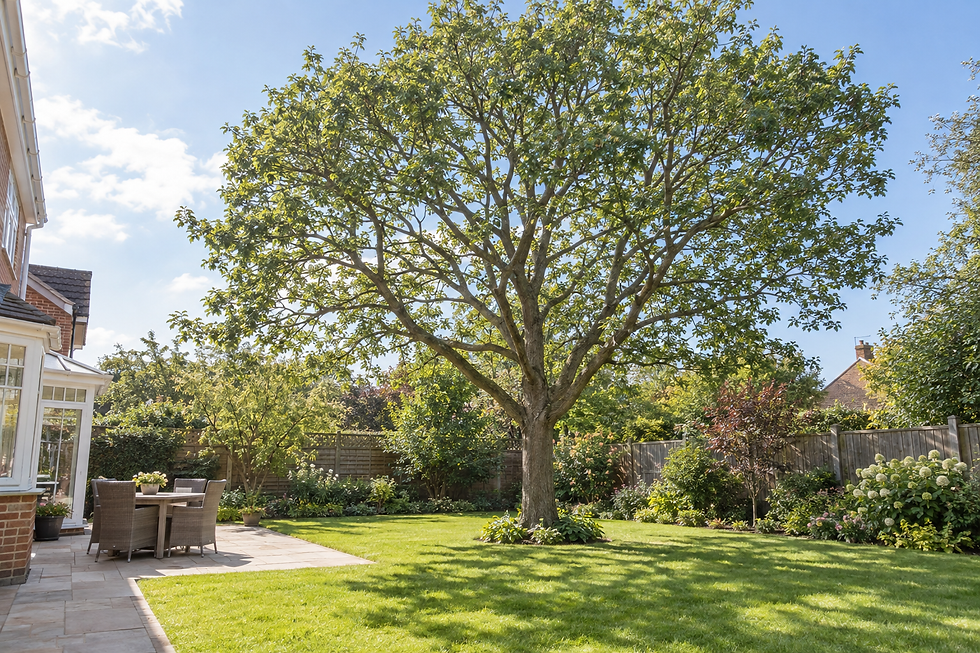 A large leafy tree in a sunny garden beside a brick house with a patio and outdoor dining set.