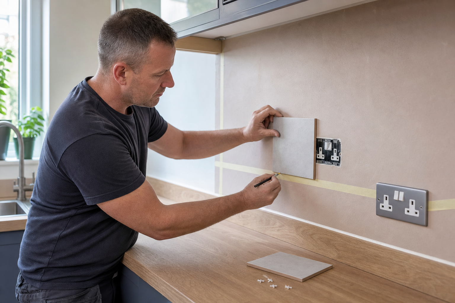 A man marks a wall for tiling in a modern kitchen, aligning a tile around an electrical outlet.