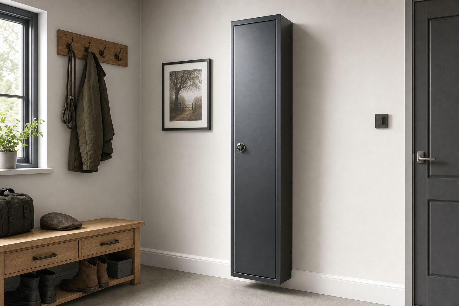 A modern hallway features a tall black cabinet, a wooden bench with shoes, and a coat rack with hanging jacket and bag.