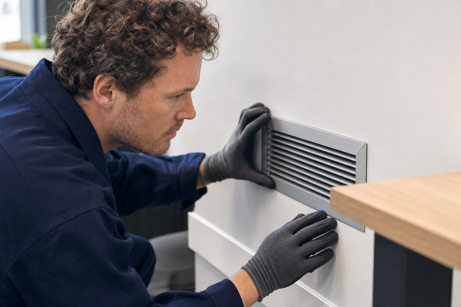 A man wearing gloves inspects or installs a ventilation grille on a white wall.