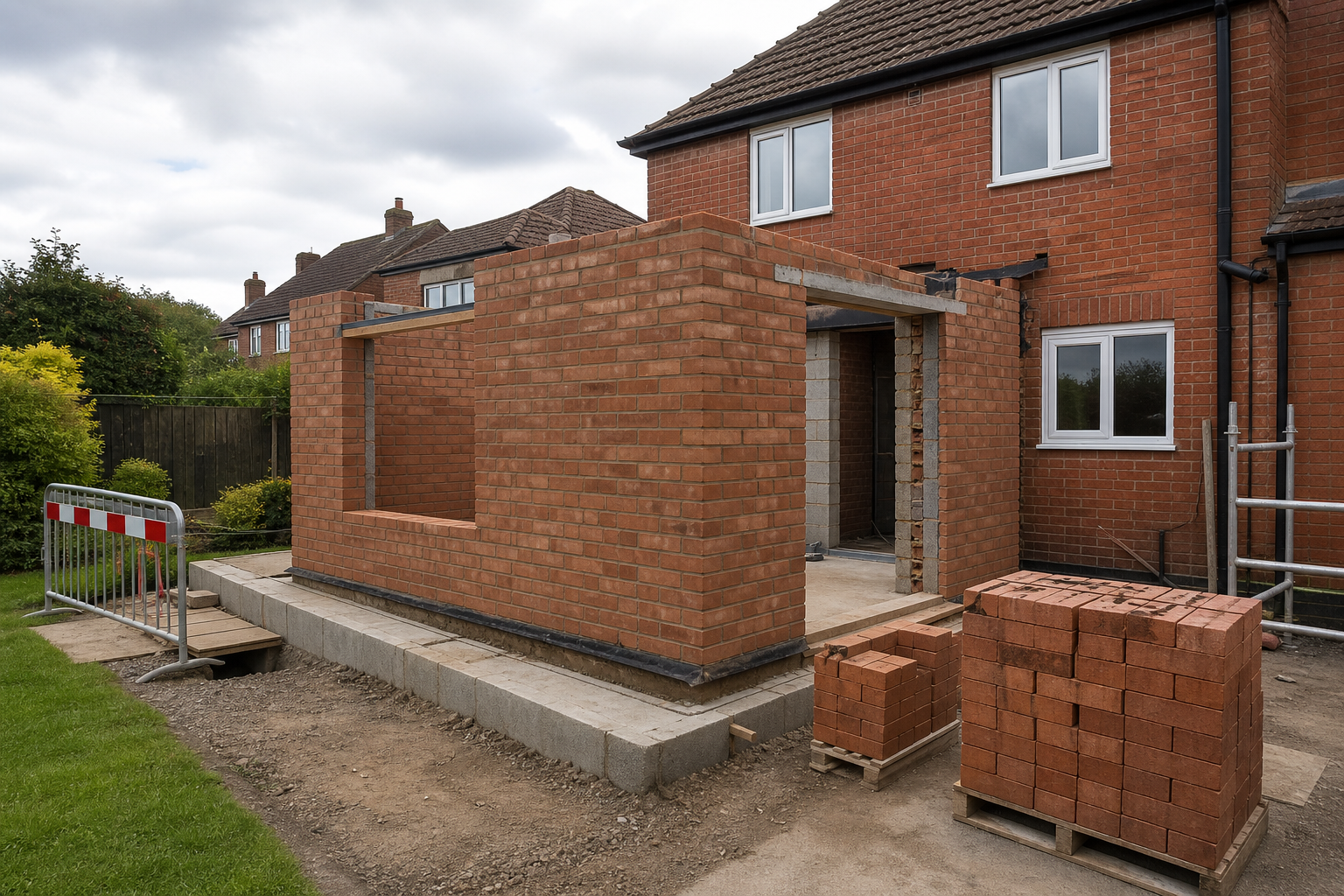Extension under construction on a brick house, with stacked bricks and scaffolding nearby.