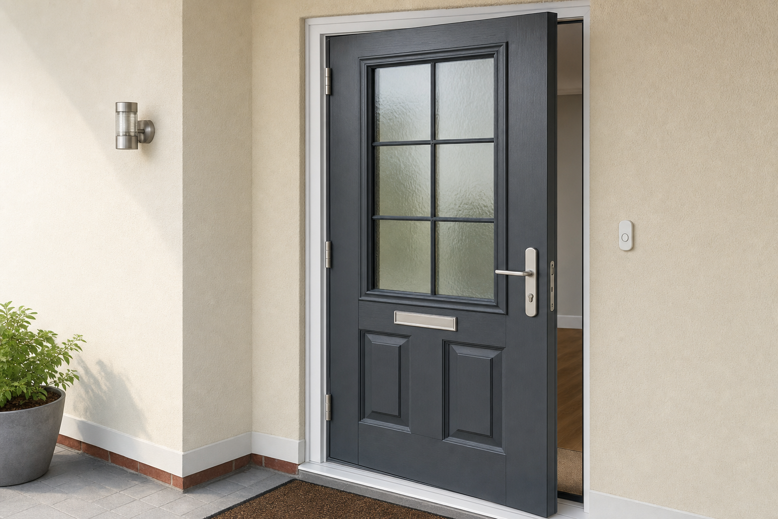 A modern grey front door with glass panels is partially open, revealing an inviting interior space.