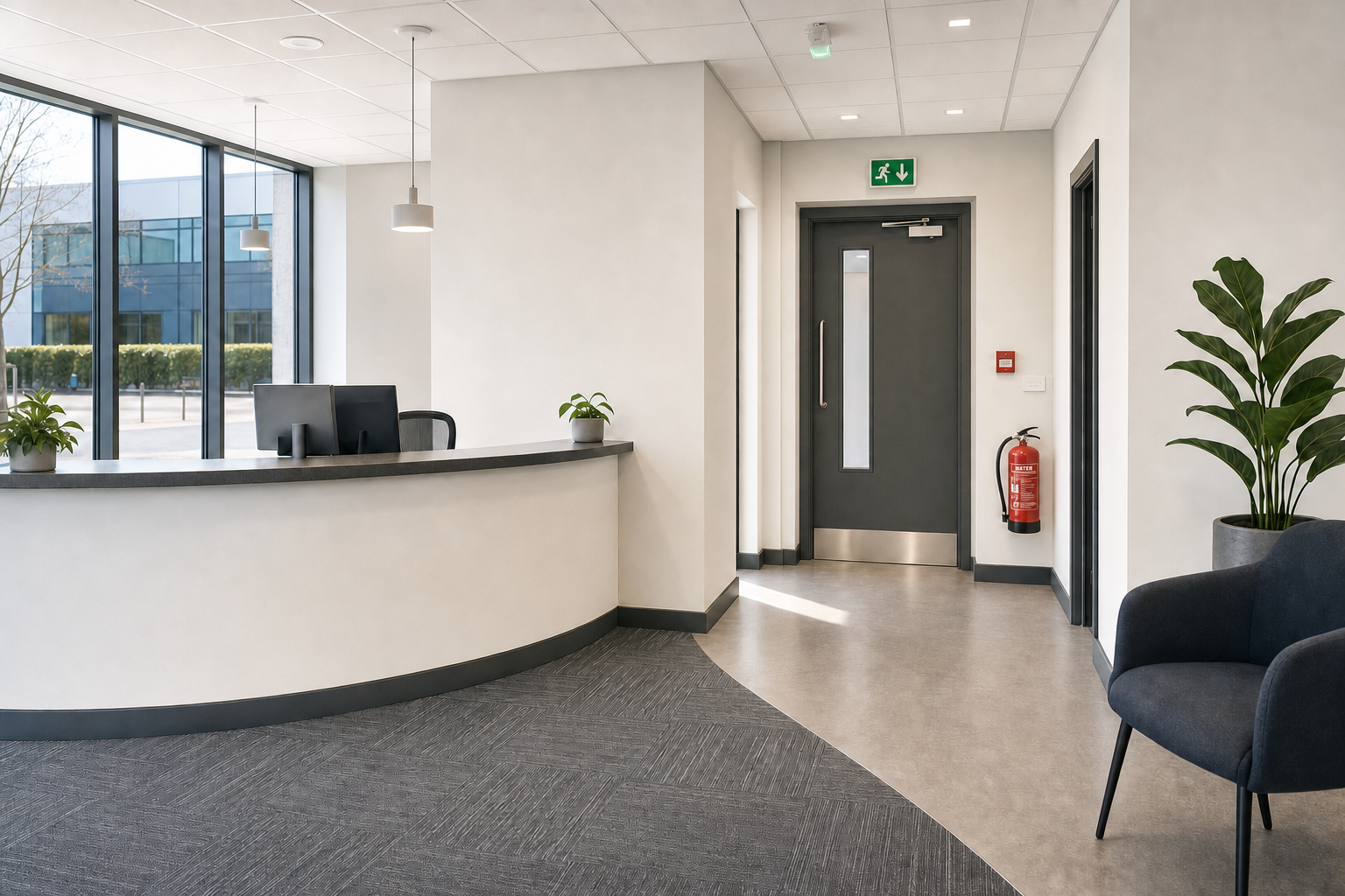 Modern reception area with a curved desk, potted plants, and an emergency exit door.
