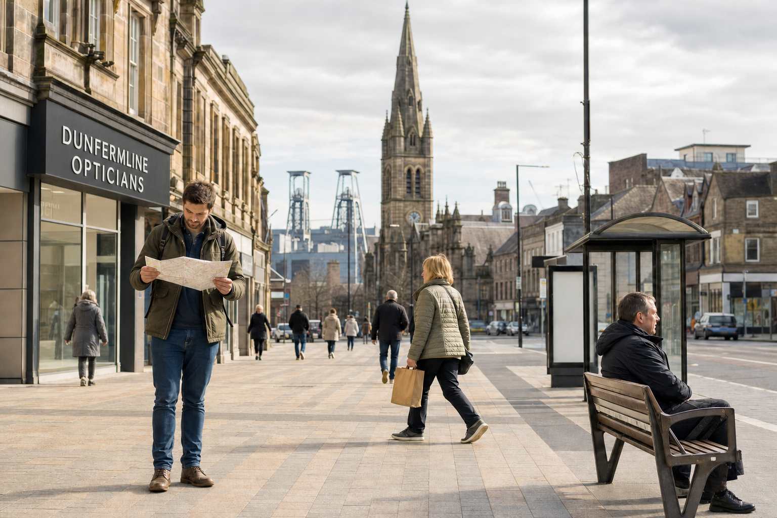 A man studies a map on a busy street in front of Dunfermline Opticians, with a church and historical buildings in the background.