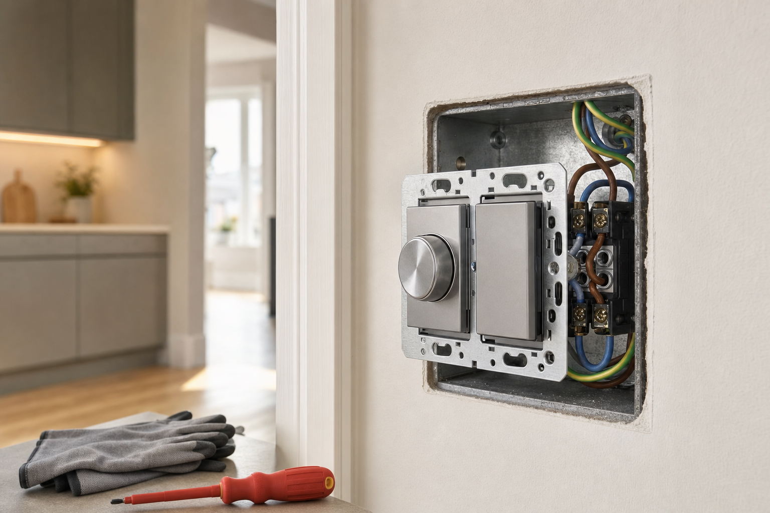 An exposed light switch installation in a modern kitchen with gloves and a screwdriver nearby on the counter.