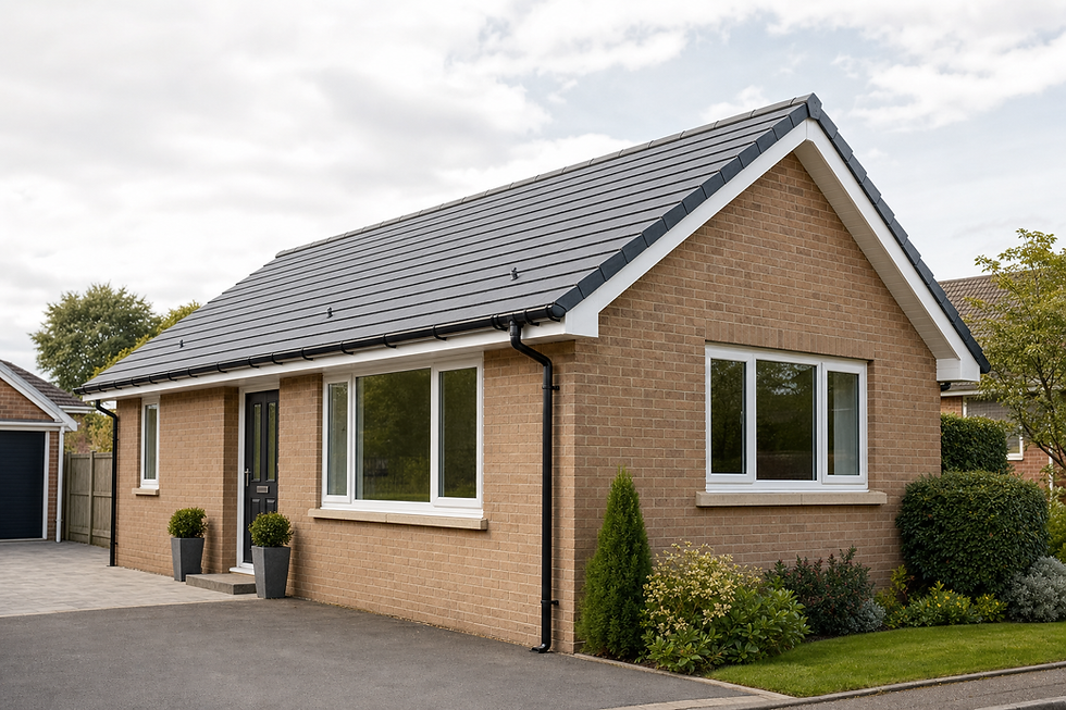 Single-storey brick bungalow with a grey tiled roof, surrounded by green shrubs and a neat driveway.