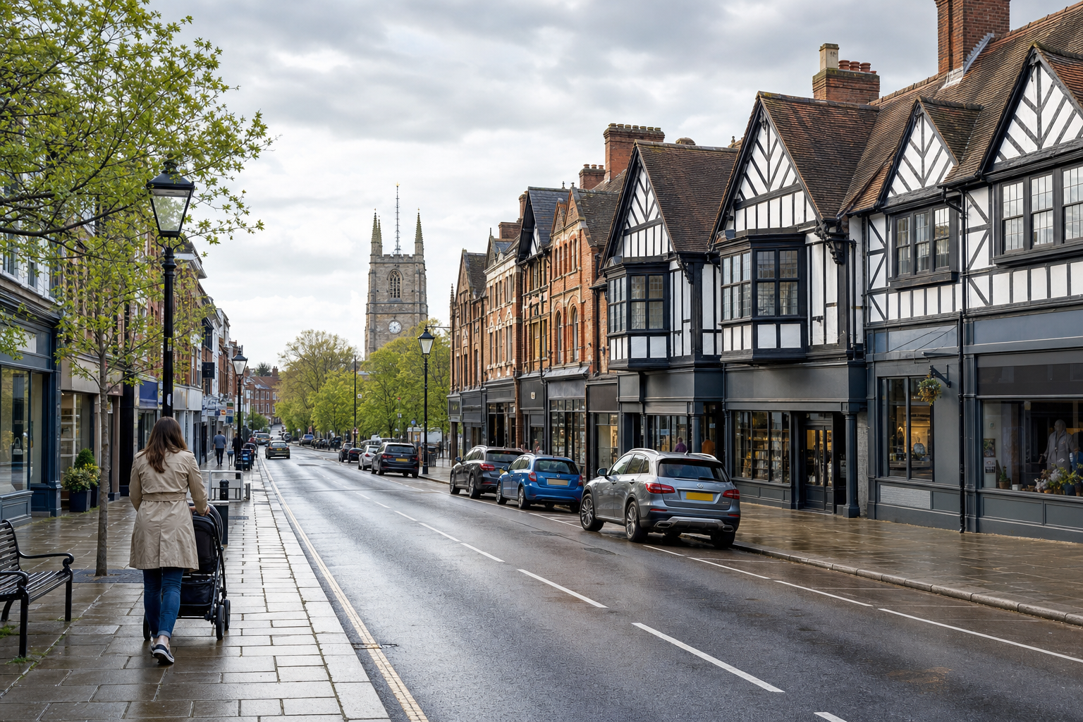 A woman pushes a pram along a wet, tranquil street with historic buildings and a church tower in the distance.