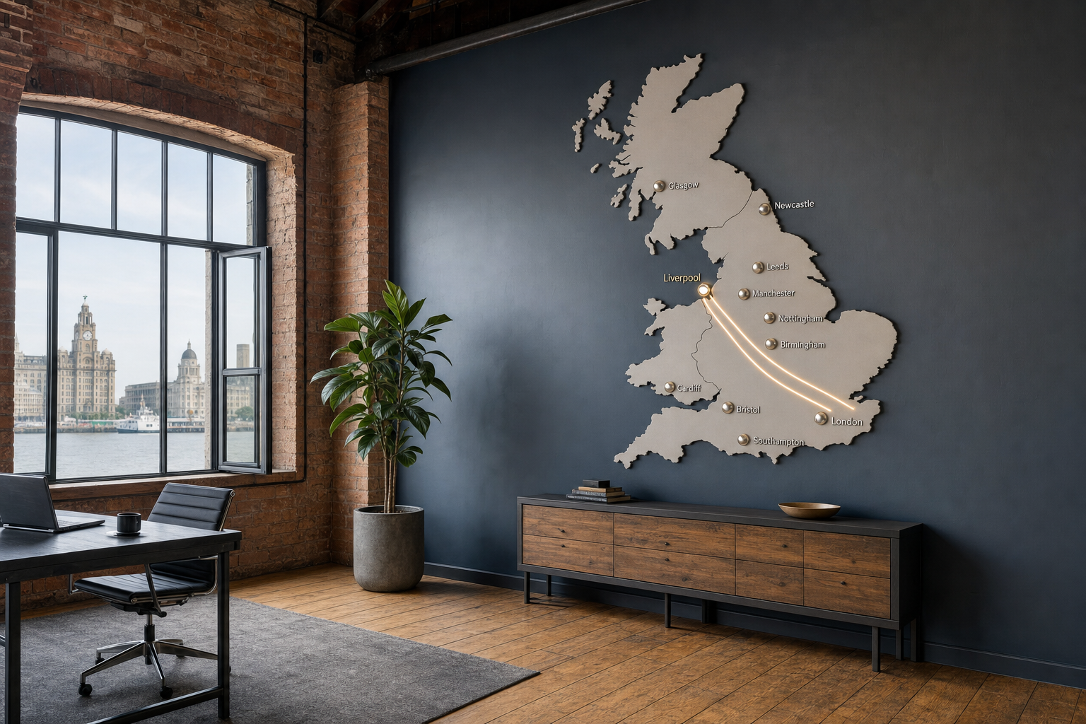 Modern office with a large UK map on the wall and a view of Liverpool's waterfront through a large window.