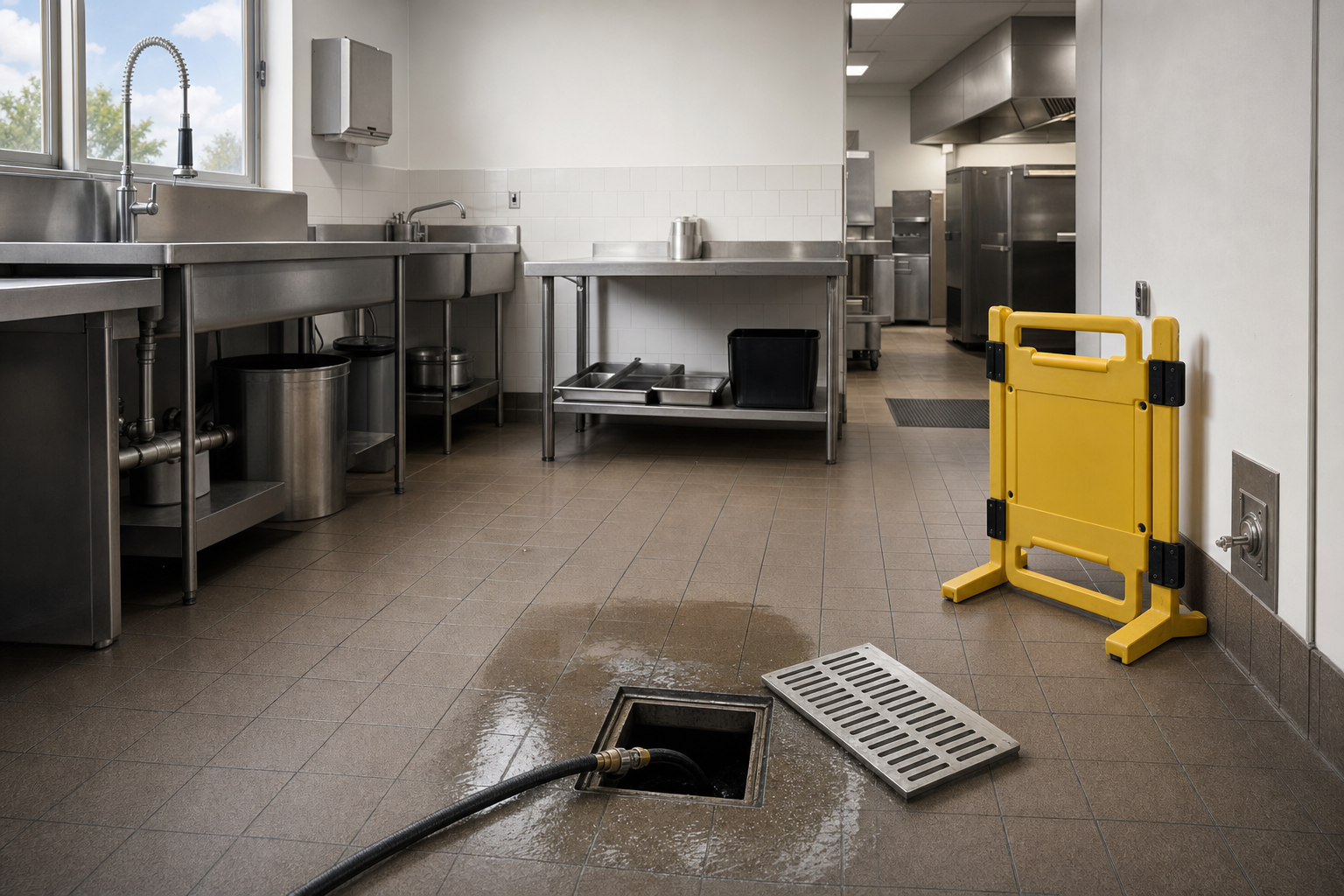 Commercial kitchen with stainless steel fixtures, open floor drain with hose, and a yellow caution sign nearby.