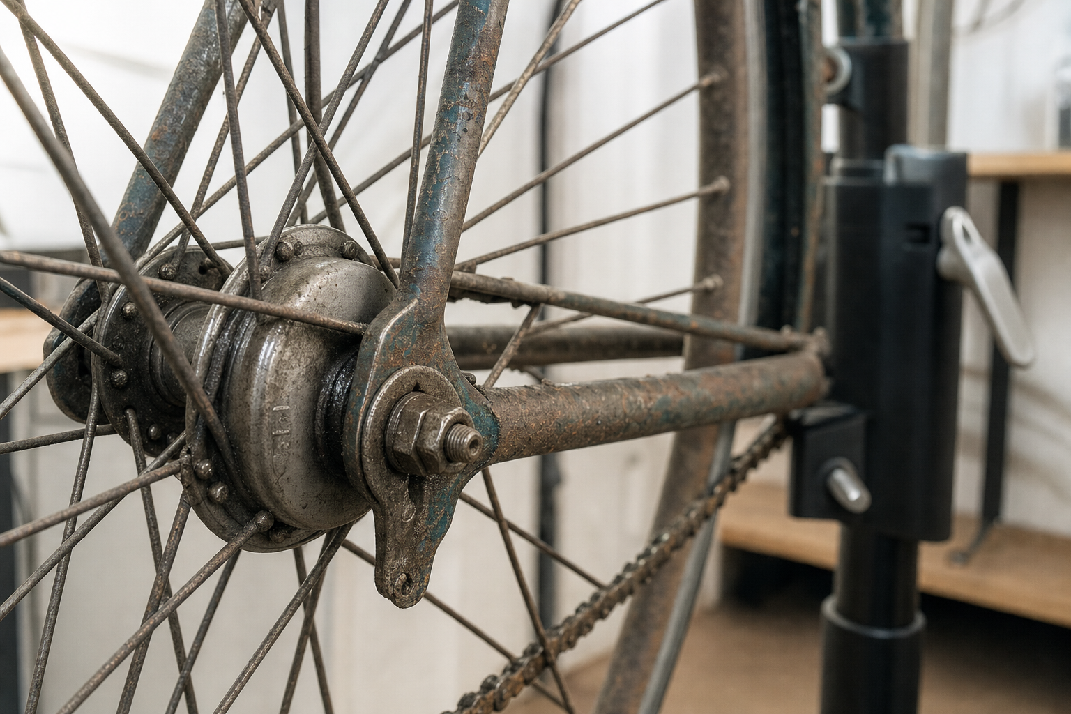 Close-up of a rusted bicycle wheel hub on a repair stand in a workshop.