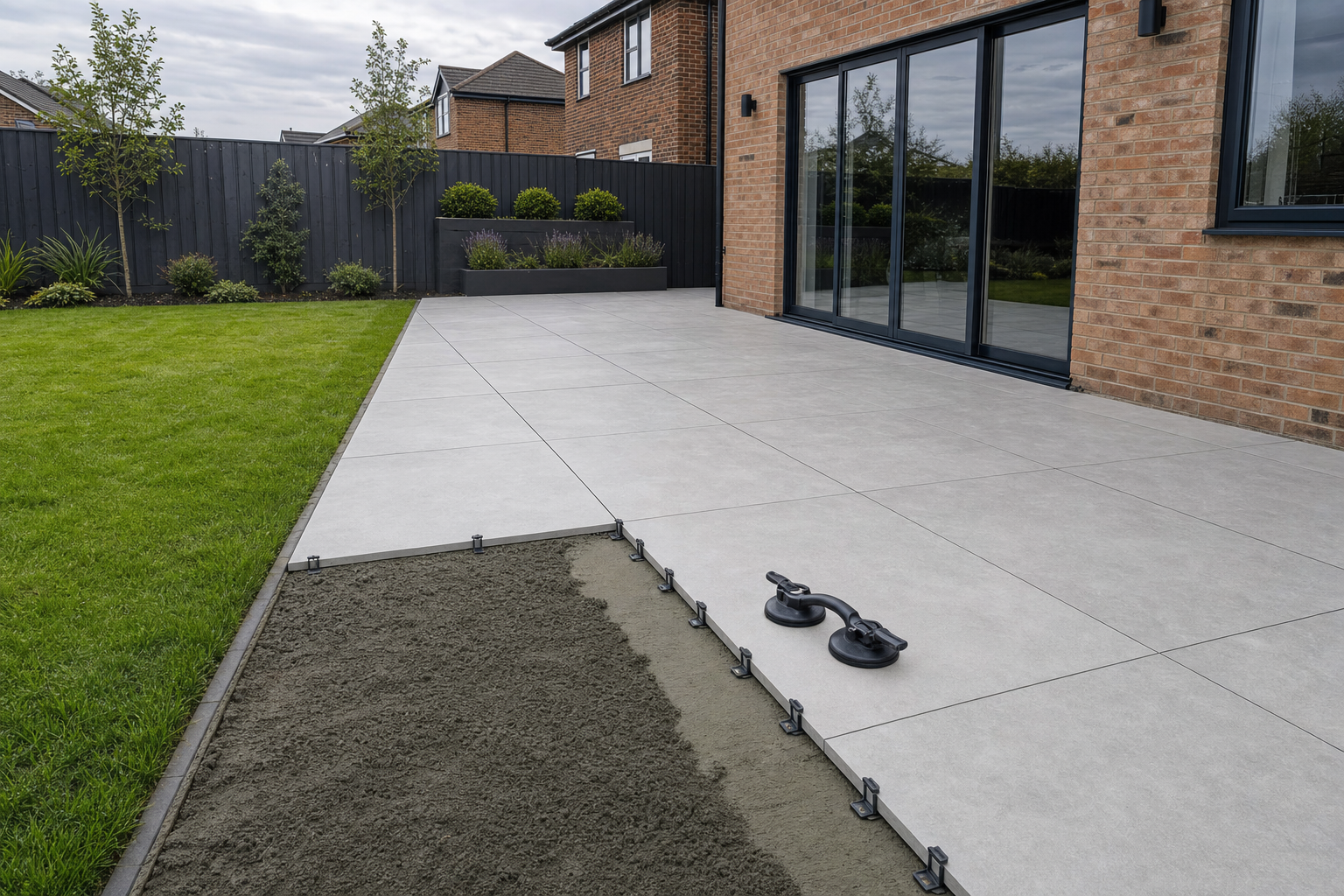 Modern patio installation with large tiles partially completed, adjacent to a green lawn and brick house.