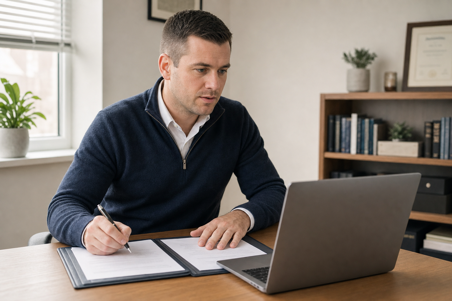 A person in a dark jumper is working at a desk with documents and a laptop in a home office.