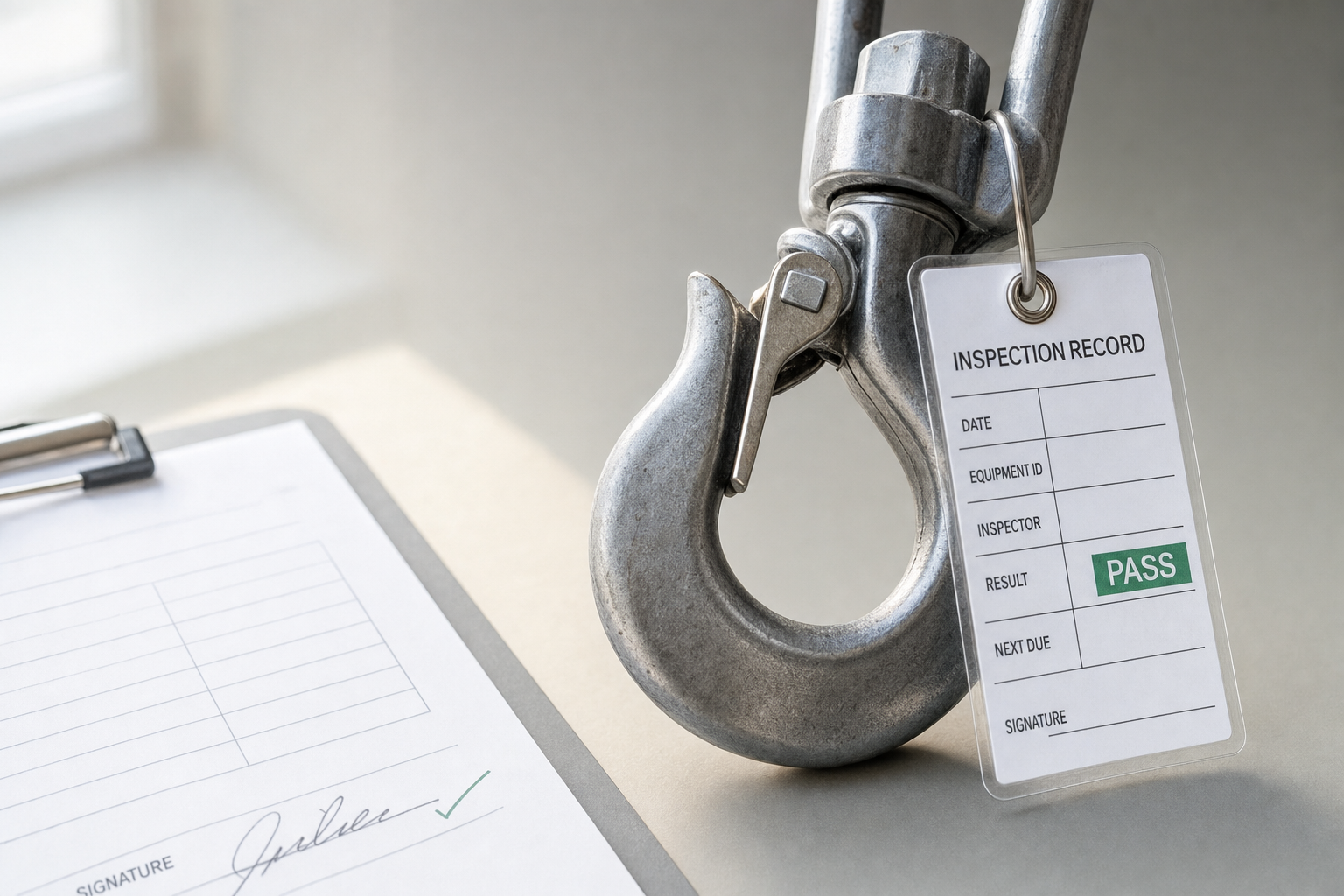 A metal hook with a passing inspection tag next to a signed checklist on a clipboard.