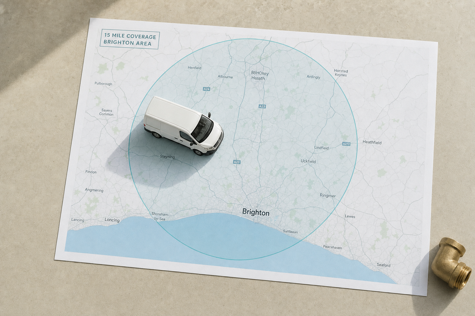 A small white van model sits atop a map showing a 15-mile coverage area centred on Brighton.