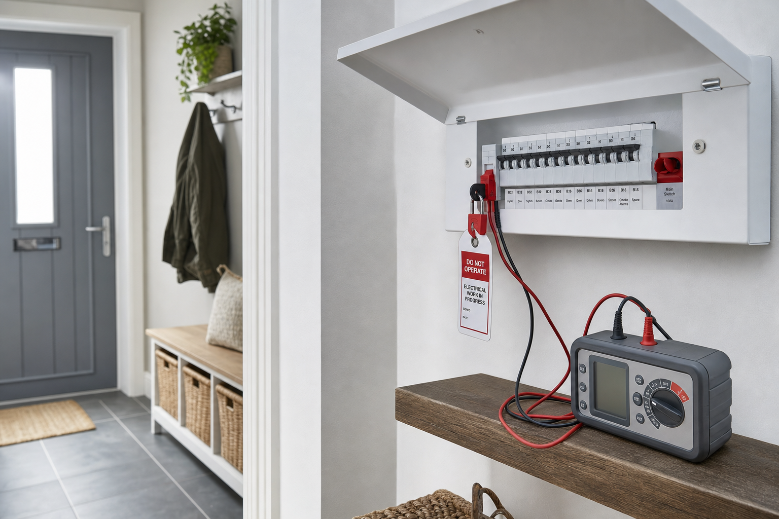 An electrical testing device is connected to a consumer unit labelled "Do Not Operate" in a modern hallway.