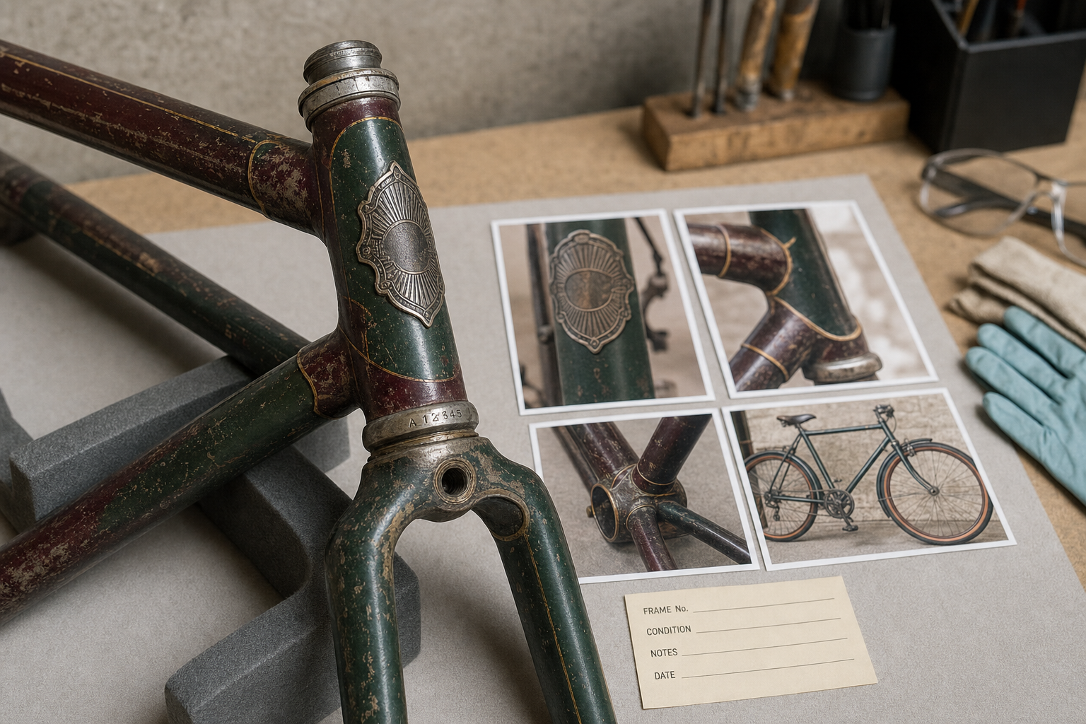 A vintage bicycle frame with detailed close-up photos is displayed on a workbench alongside a glove and tools.