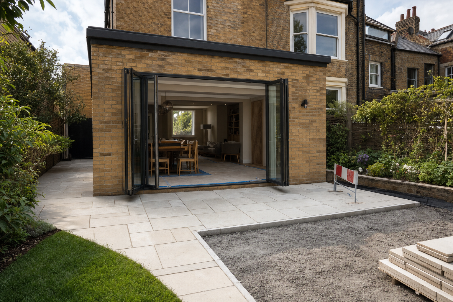 Open patio doors lead to a modern dining area in a brick house with a garden and unfinished ground.
