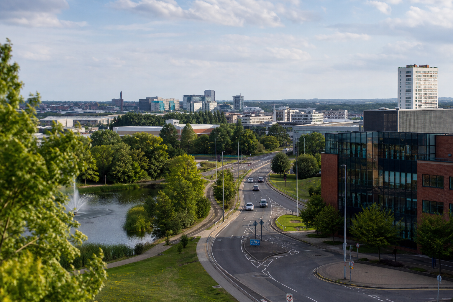 Urban landscape with a winding road, cars, buildings, and a small lake with a fountain.
