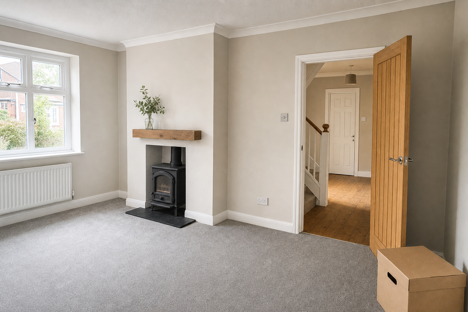 Empty living room with a wood-burning stove, a window, an open wooden door, and a cardboard box.