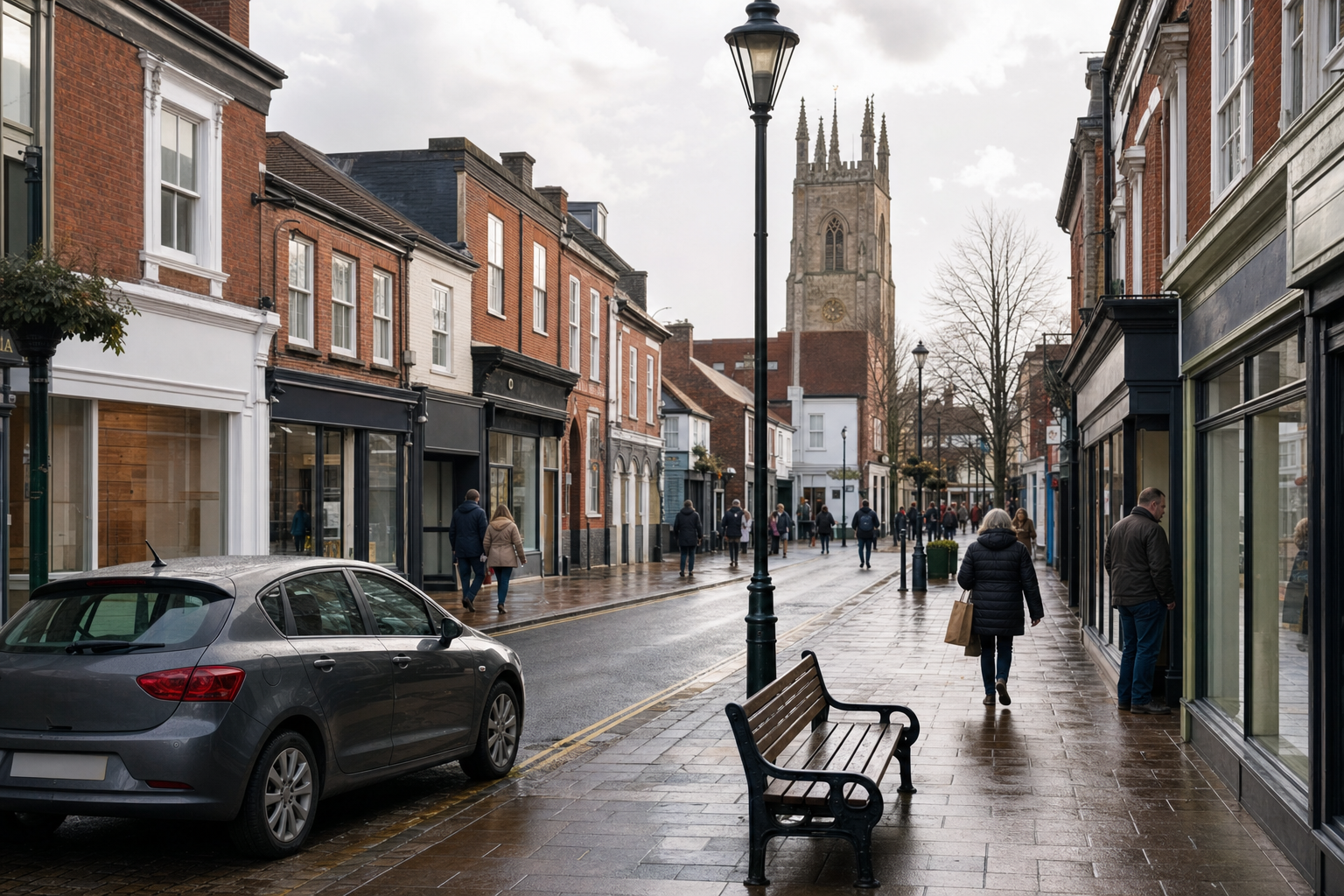 A bustling high street with red-brick buildings and a towering church backdrop on a rainy day.