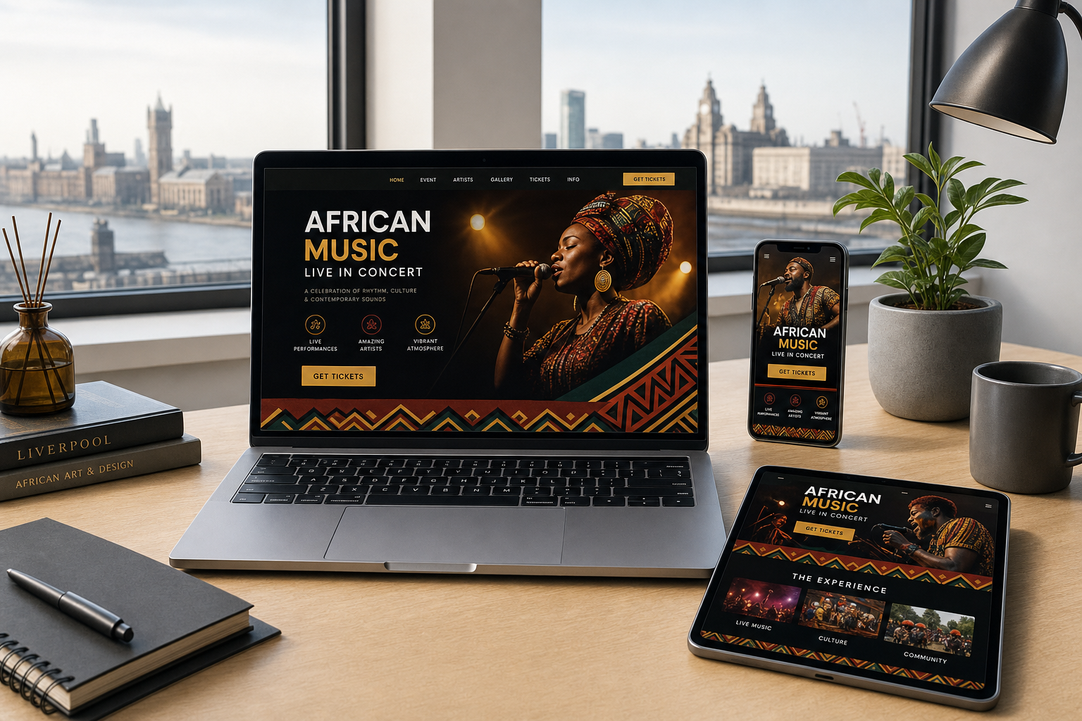 Laptop, tablet, and phone on a desk display a vibrant design for an African music concert, with a cityscape view in the background.
